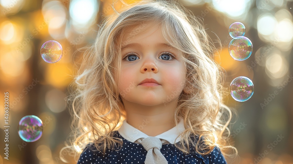 A charming little blonde - haired girl with blue eyes, dressed in an elegant navy polka - dot dress with white dots and a light grey tie around her neck, stands in a sunlit meadow. A charming little blonde - haired girl with blue eyes, dressed in an elegant navy polka - dot dress with white dots and a light grey tie around her neck, stands in a sunlit meadow.