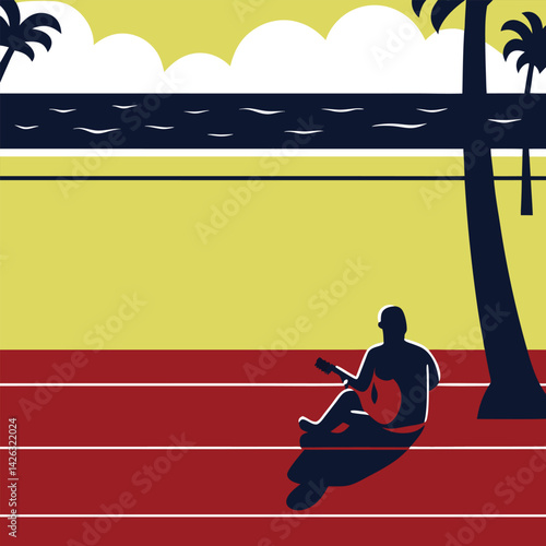 Graphic man playing guitar on tropical beach vacation creative vector illustration