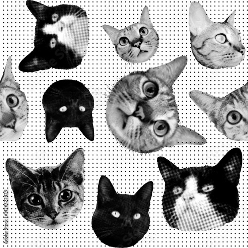 halftone vector cats seamless background pattern wallpaper backdrop grunge print style