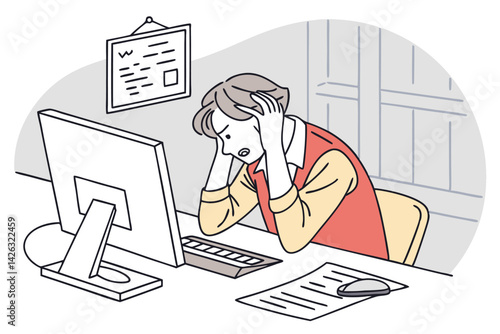 Overwhelmed office worker frustrated at desk with computer and paperwork cartoon