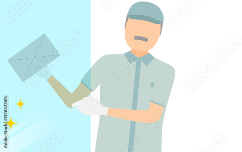 Simple illustration of a senior worker man in a hat window cleaning