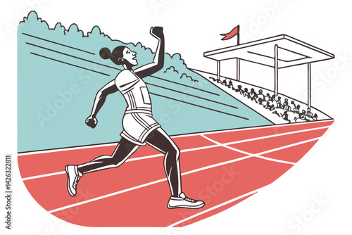 Woman runner winning race cartoon illustration with stadium and spectators