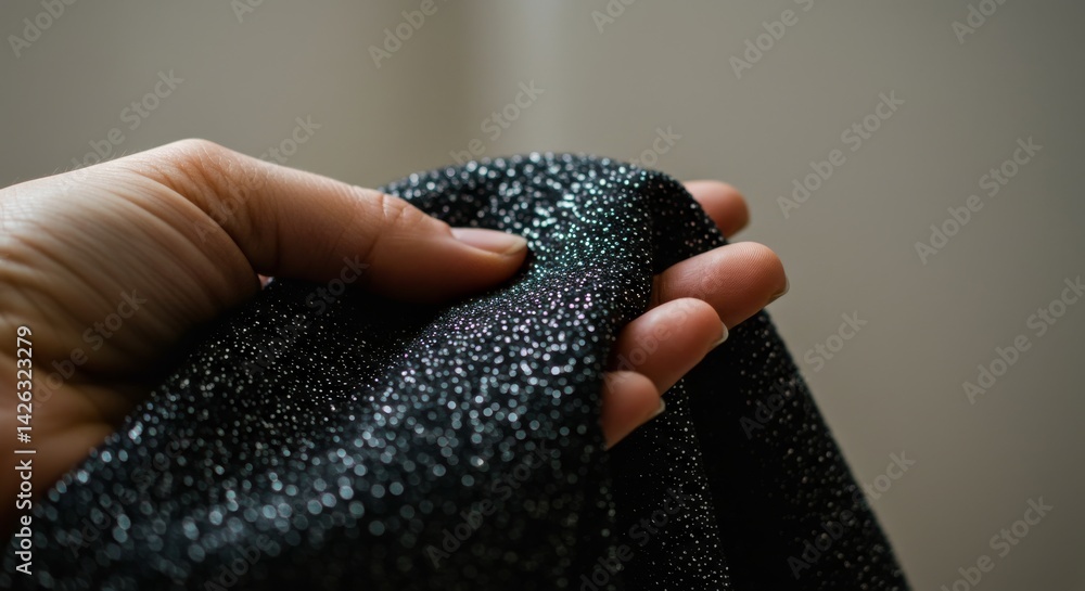 Sparkling Black Fabric Texture - Close-up of a hand holding and displaying a luxurious black fabric with sparkling silver glitter. The texture is soft and elegant Sparkling Black Fabric Texture - Close-up of a hand holding and displaying a luxurious black fabric with sparkling silver glitter. The texture is soft and elegant