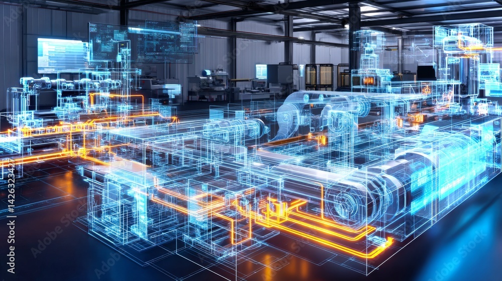 Holographic blueprint highlighting advanced manufacturing tech in a futuristic environment