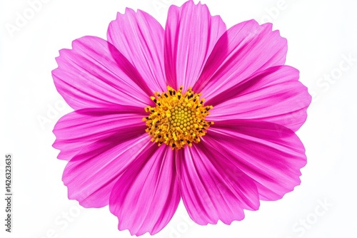Close up of a vibrant pink cosmos flower with a yellow center isolated