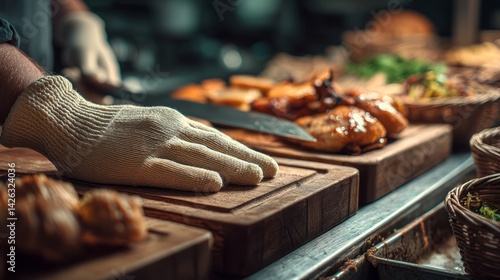 food safety contamination health. Cook Cutting Meat on Wooden Board with Glove for Safety Preparation Service Restaurant Work.