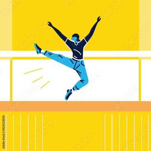 Joyful man leaping in air celebratory freedom on bright yellow background