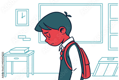 Sad schoolboy with backpack depressed student in classroom minimalist vector illustration