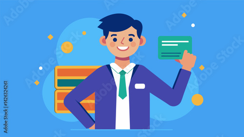 A young professional proudly holds a new credit card taking a first step to improve their credit score after paying off their student loans.. Vector illustration