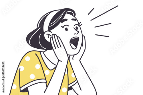Surprised woman screaming loudly expressing shock reaction in line art