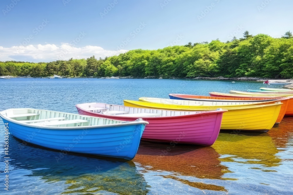 Naklejka premium Colorful rowboats moored on calm lake, reflecting vibrant hues on tranquil water, lush green shoreline