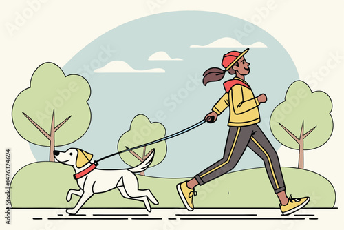 Woman jogging with dog in park vector illustration outdoors