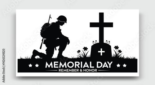 Memorial Day Soldier Silhouette Kneeling At Grave Honoring Fallen Heroes Vector Design