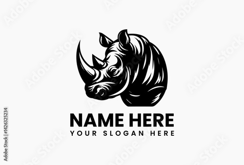 Endangered rhino logo icon, African wildlife vector template featuring horned beast as a symbol of strength and survival