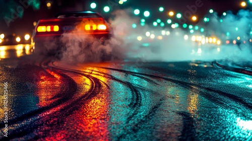 nighttime street racing scene, a car performing a burnout skid, tire marks left on the dark asphalt, with vibrant city lights and the thrill of illegal street racing