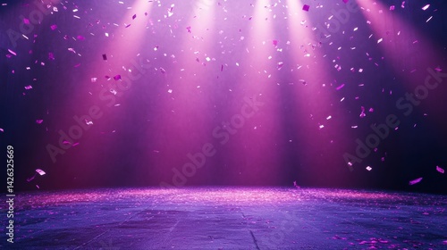 Purple stage with confetti falling under spotlights.