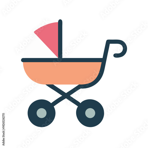 Cute Cartoon Baby Stroller Icon on Black Background for Newborn