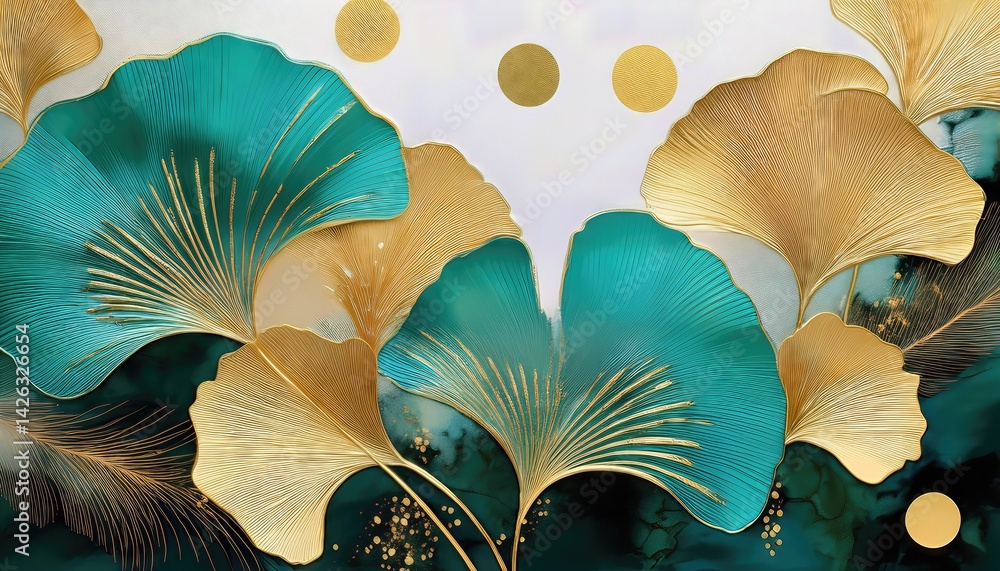 3D Modern Canvas Art A Vibrant Landscape Wallpaper Featuring Golden and Turquoise Ginkgo Biloba in a Stunning SunKissed Scene Digital Art, Home Decor, or Design Inspiration