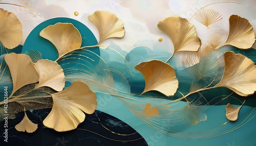 3D Modern Ginkgo Biloba Landscape Wallpaper Golden Turquoise Canvas Art Embracing Tranquil Serenity and Vibrant Elegance, Perfect for Digital Art, Home Decor, or Design Inspiration