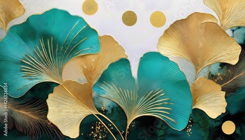 Obraz na płótnie 3D Modern Canvas Art A Vibrant Landscape Wallpaper Featuring Golden and Turquoise Ginkgo Biloba in a Stunning SunKissed Scene Digital Art, Home Decor, or Design Inspiration w salonie