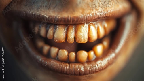 Close-up of a smiling face with aged teeth, highlighting dental health issues
