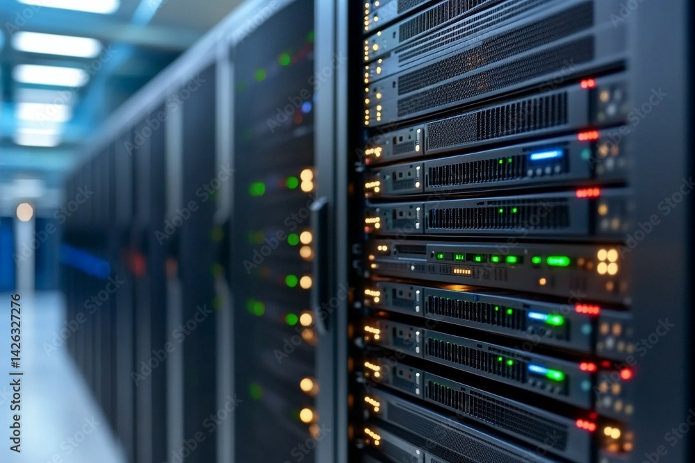 Clean server room background with soft lighting and metallic tones, great for hosting and IT services Clean server room background with soft lighting and metallic tones, great for hosting and IT services