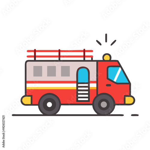Cartoon Fire Truck Illustration with Siren and Ladder on Black Background