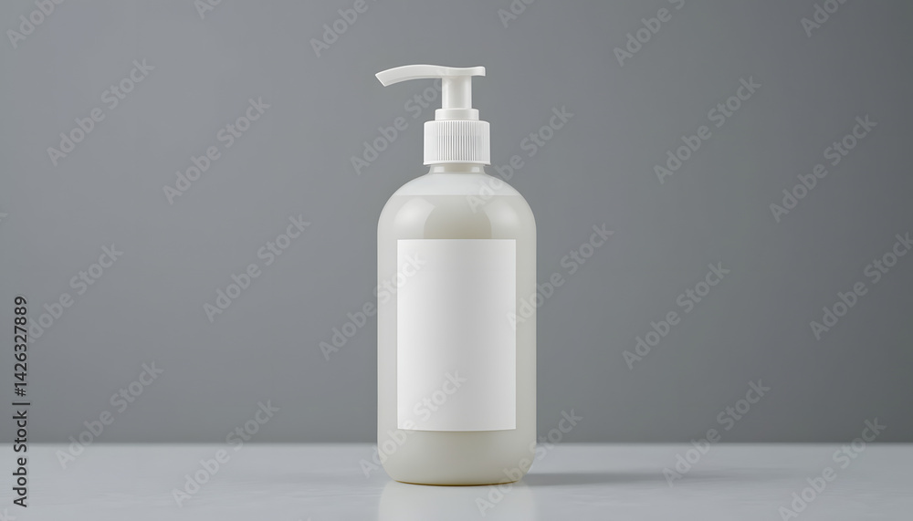 Pump bottle for cosmetic lotion or soap, frosted plastic with plain label and no branding. Pump bottle for cosmetic lotion or soap, frosted plastic with plain label and no branding.