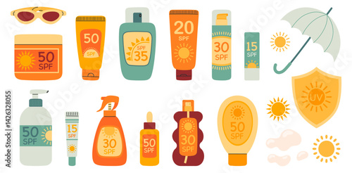 Set of sunscreen products. UV protection for skin. SPF protection and sun safety concept. SPF sunblock summer cosmetic lotion, cream, spray, lipstick. Hand drawn vector illustration isolated