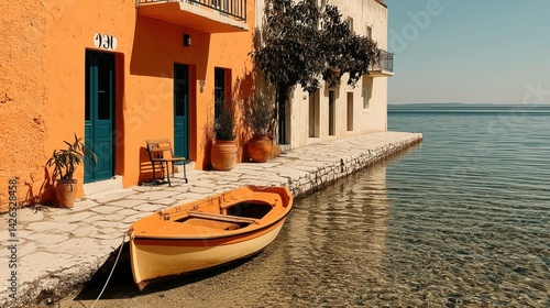 Vibrant coastal scene with an orange building featuring teal doors and the number 930. A small boat rests by the shore, accompanied by a chair and clay pots with plants