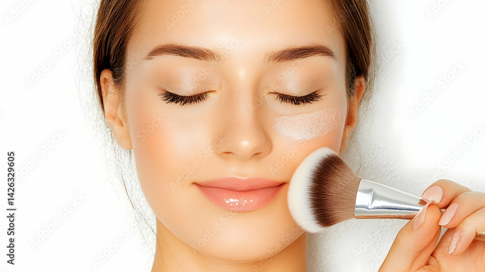Woman applying makeup, face close-up, white background, beauty tutorial Woman applying makeup, face close-up, white background, beauty tutorial
