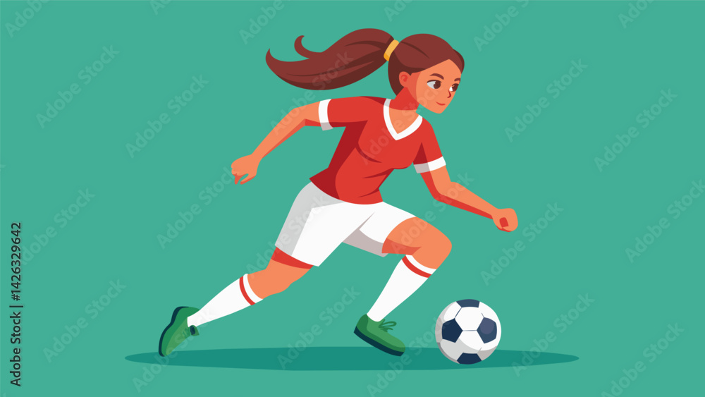 Obraz premium A soccer player dribbles the ball down the field her eyes focused and her body relaxed as she maintains composure in the midst of a highstakes match.. Vector illustration