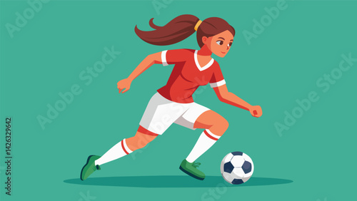 A soccer player dribbles the ball down the field her eyes focused and her body relaxed as she maintains composure in the midst of a highstakes match.. Vector illustration