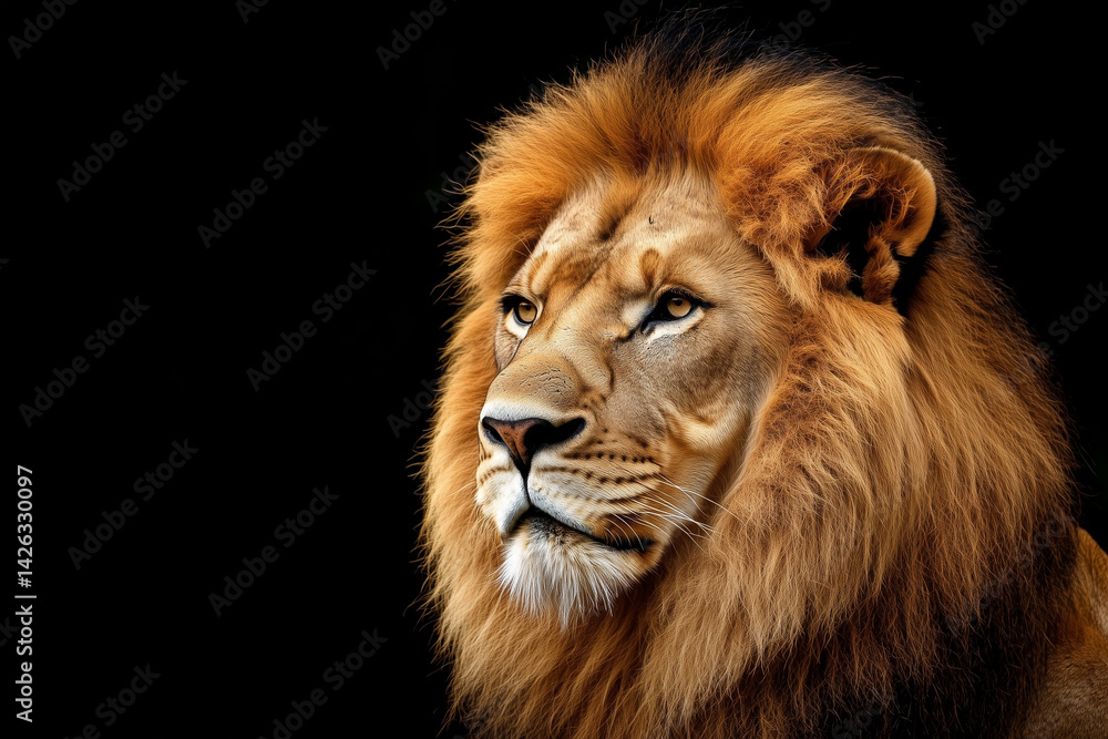 Majestic Lion Close-Up Portrait on Black Background – Symbol of Power and Nobility Majestic Lion Close-Up Portrait on Black Background – Symbol of Power and Nobility