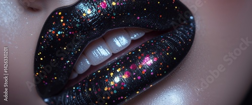 Dramatic dark siren makeup with glitter and glossy black lips close up.