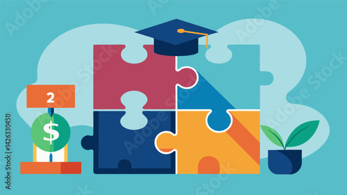 A puzzle with two pieces one representing lifetime earnings and the other representing student debt fitting together to complete the picture.. Vector illustration