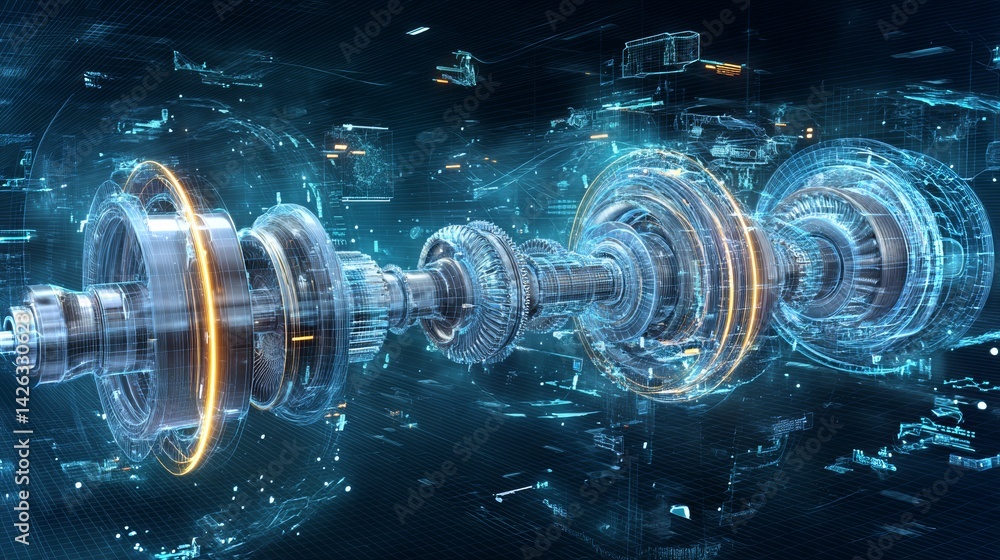 Holographic breakdown of ship propulsion system showcasing advanced engineering technology