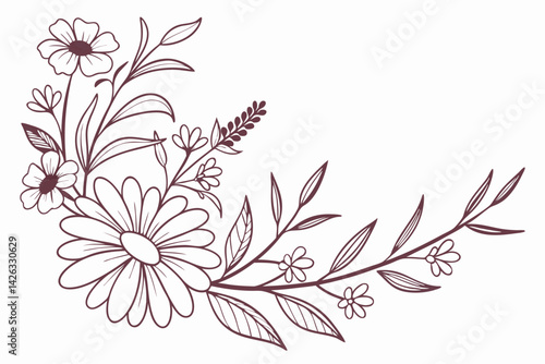 Floral corner ornament with daisy and leaves in maroon outline design