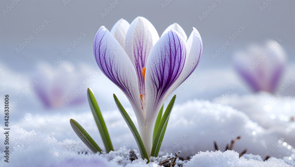 Crocus flower blooming through snow herbing spring hope and awakening Crocus flower blooming through snow herbing spring hope and awakening