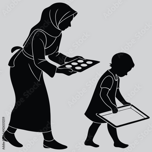 Mother baking cookies with child image silhouette design vector art and illustration	