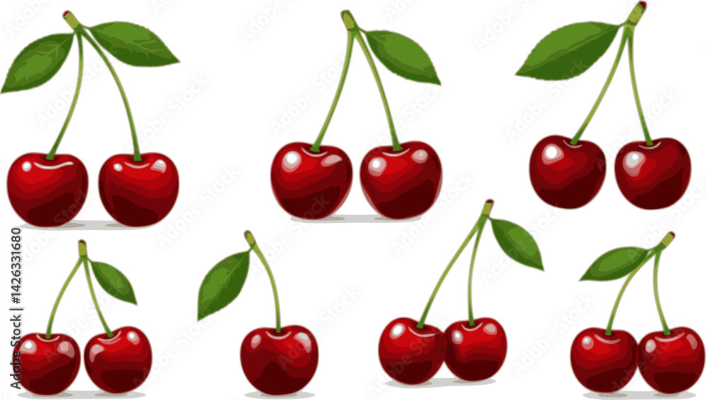 Set of Dark shiny Red cherries vector, fresh cherry fruit illustration silhouette with green leaves Set of Dark shiny Red cherries vector, fresh cherry fruit illustration silhouette with green leaves
