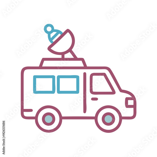 News Van Icon with Satellite Dish, Vector Illustration on Black Background