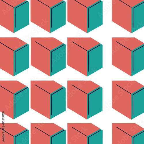 Seamless pattern of retro isometric cubes with teal and coral color scheme