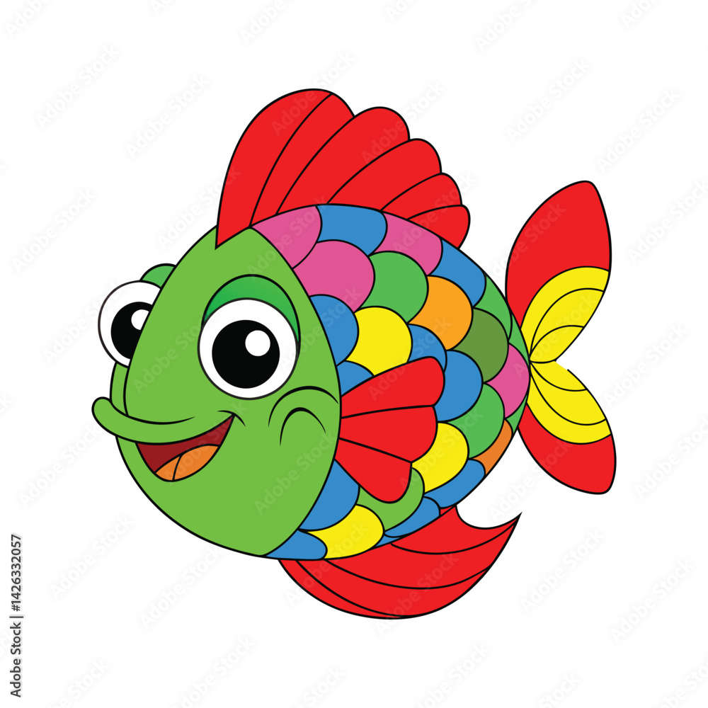 Naklejka premium Adorable cartoon fish with colorful body and big smile vector illustration isolated on white background