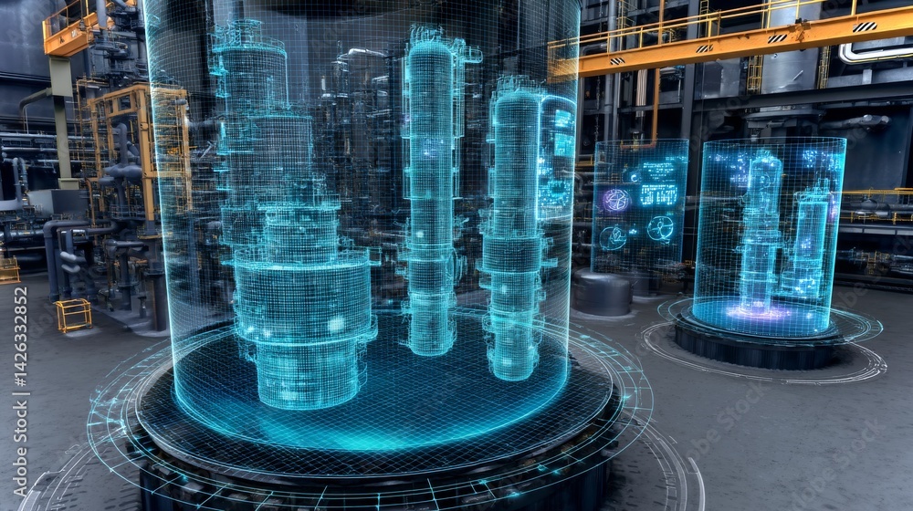 Reinforced torso bot showcases advanced hologram of manufacturing technology in innovative facility