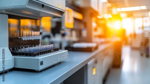 Close-up view of a sophisticated gene sequencing machine surrounded by sterile lab equipment, illuminated by soft lighting that enhances its intricate design