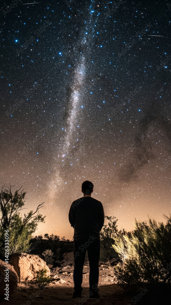 Fototapeta premium Man Witnessing Lyrid Meteor Shower in Desert Night Sky