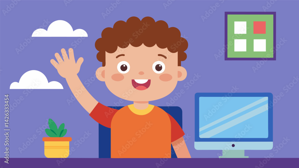 A toddler eagerly raising their hand to participate in a virtual showandtell activity.. Vector illustration A toddler eagerly raising their hand to participate in a virtual showandtell activity.. Vector illustration
