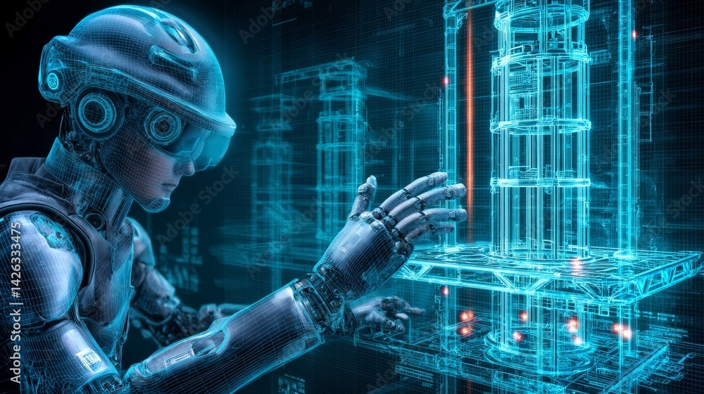 Blue-eyed android interacts with holographic interface in futuristic manufacturing environment