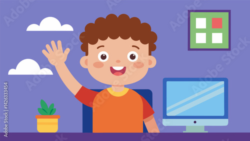 A toddler eagerly raising their hand to participate in a virtual showandtell activity.. Vector illustration
